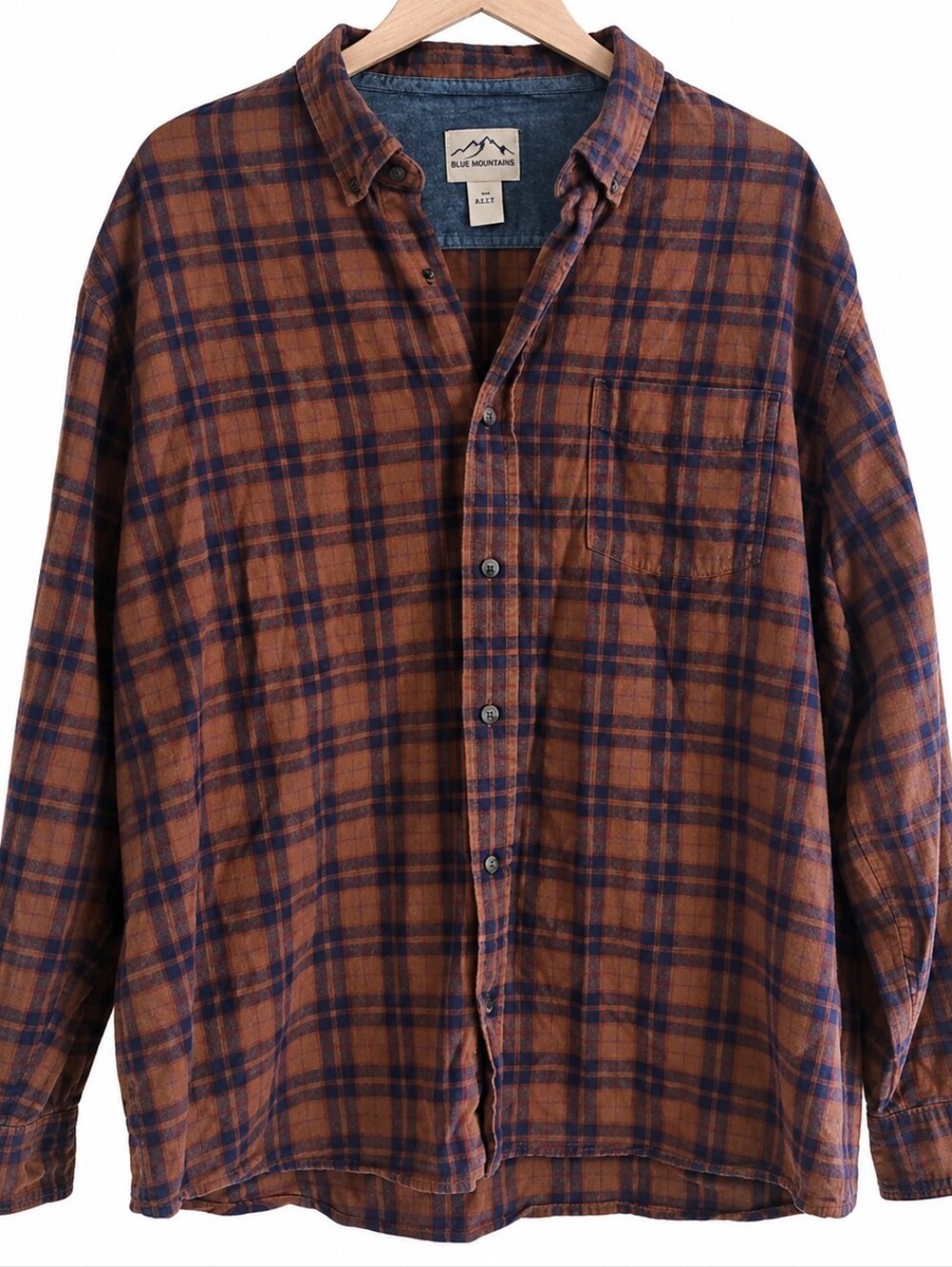 Blue Mountain Men’s XLT Brown Blue Plaid Cotton Flannel Shirt Tall